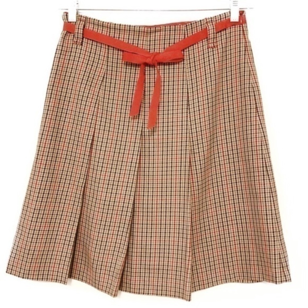 Zara Pleated Plaid Skirt With Red Ribbon Belt